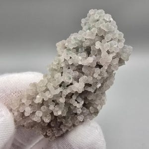 Peut inclure: Gros plan sur un spécimen de calcédoine botryoïdale. Le minéral a une texture bulleuse, semblable à du raisin, avec une couleur gris pâle et des reflets verts. Le spécimen est tenu dans une main gantée de blanc.
