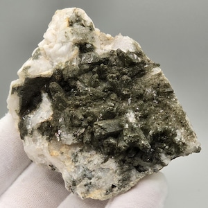 Peut inclure: Spécimen minéral brut présentant une combinaison de structures cristallines blanches et vert foncé. La pierre brute affiche un mélange de textures, avec des zones de quartz blanc lisse et translucide et des amas de cristaux vert foncé.
