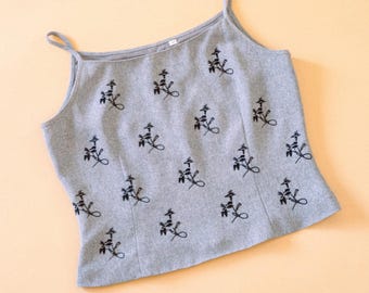 90s Vintage Grey Spaghetti Strap Blouse with Floral Velvet Appliques