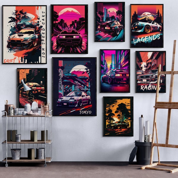 Set of 9 JDM Car Poster Tokyo Street Racing Printable Japanese Sport Car Wall Art Aesthetic Car Poster Boys Bedroom Decor Digital Print