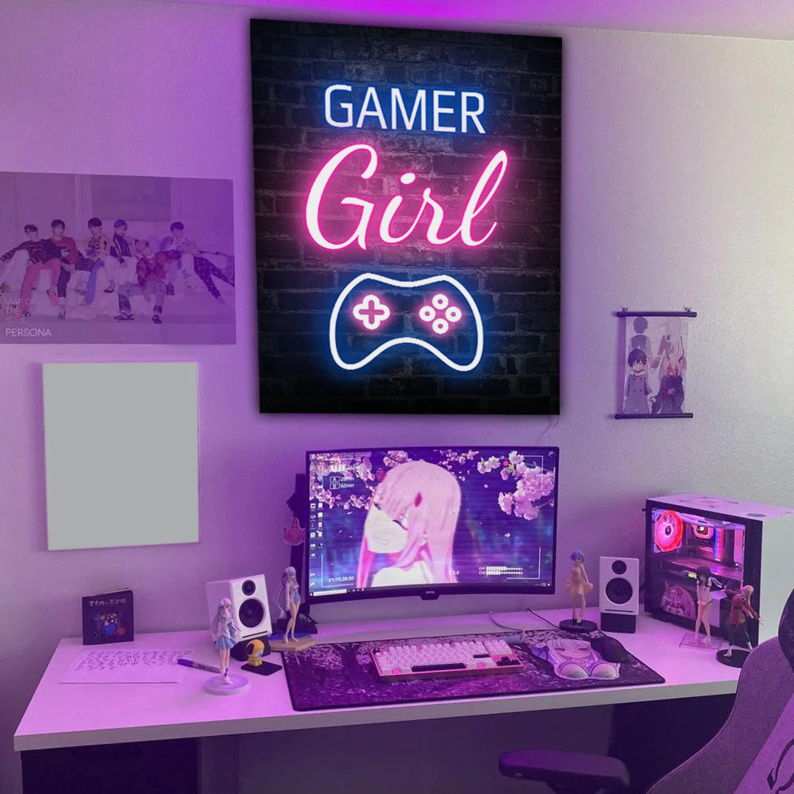 Gamer Girl Neon Poster, Digital Print Gaming Room Decor Wall Art, Printable Video Game Poster
