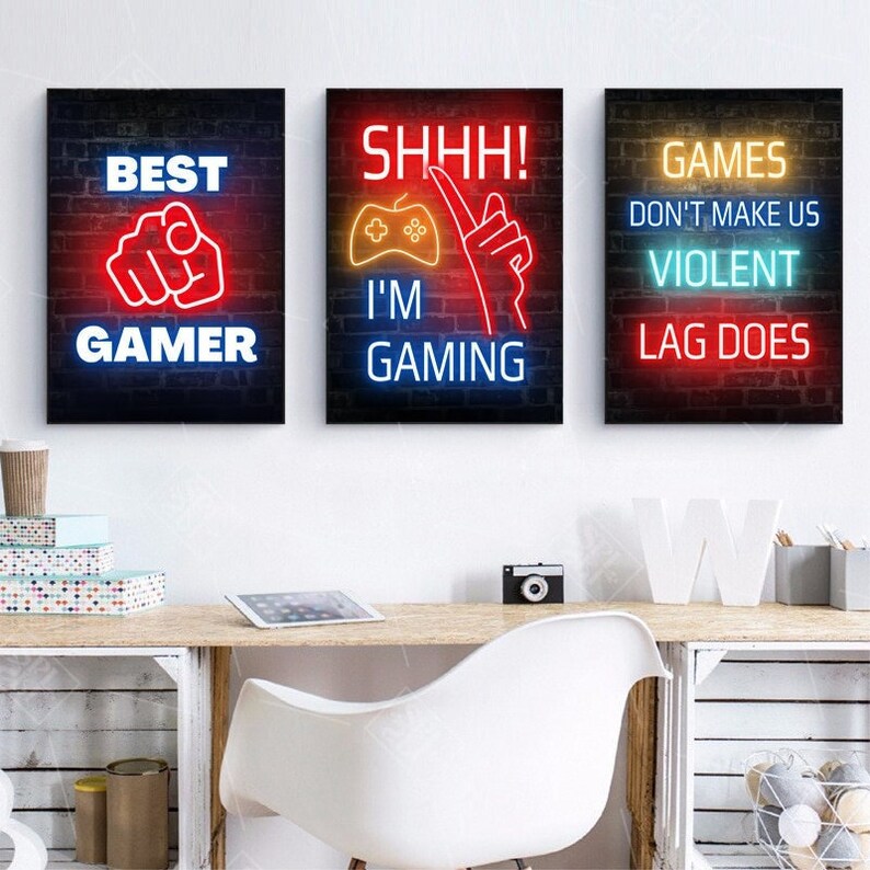 Set of 3 Neon Gaming Poster, Digital Print Video Game Poster, Printable