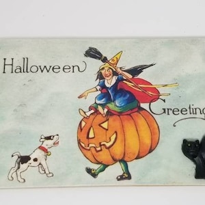 Vintage Bild 3D Halloween Holz Postkarte schwarz Katze Kürbis Hexe Grußkarte Retro handgemachte Dekoration