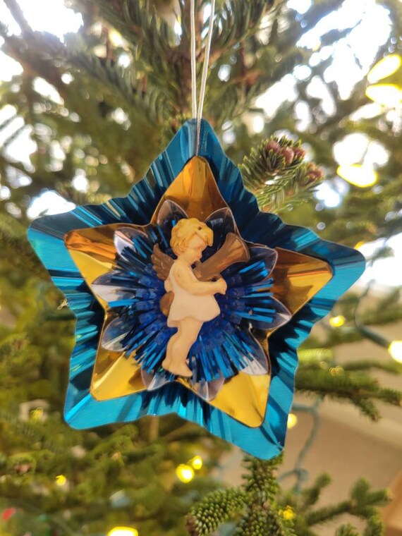 Vintage Starburst Christmas Ornaments Hand Made Reflectors Plastic Angel Decoration MCM