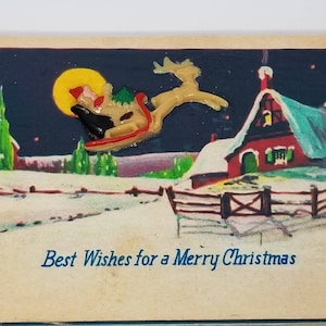 vintage Image 3D Noël Carte postale en bois Santas Sleigh Flying Over Homes - Fait main, fabriqué à la main, Rétro, Carte de voeux, Décoration