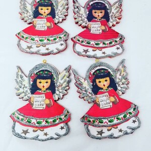 Set of 4 Vintage Image on Wood Back Ornament/ Gift Tag Angel Glitter