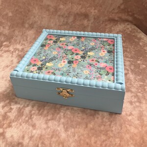 Hand Painted Pale Blue Square Jewellery Box with Floral Paper Lid. Nine Compartments.