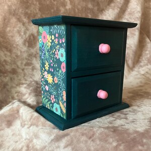Handcrafted Dark Teal Mini Chest of Drawers with Pink Knobs. Floral Papered Panels. Desktop Organiser or Jewellery Box