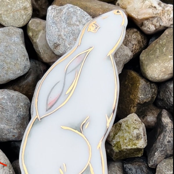 Star gazer, Hare porcelain brooch, ceramic brooch, handmade jewellery, gift for her, stars and moon