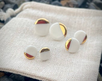 Porcelain earrings, porcelain studs, round studs, gold earrings, gift for her