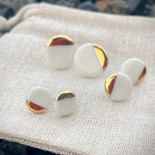 Porcelain earrings, porcelain studs, round studs, gold earrings, gift for her