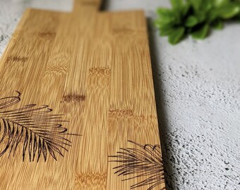Palm Leaf | Wood Bamboo Platter Chopping Board Personalised | Wood Burnt Artwork | Various Board Shape | Kitchen Decor Name Gift