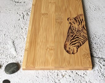 Zebra | Wood Bamboo Platter Chopping Board Personalised | Wood Burnt Artwork | Various Board Shape | Kitchen Decor Name Gift