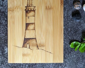 Lighthouse | Plymouth | Wood Bamboo Platter Chopping Board Personalised | Wood Burnt Artwork | Various Board Shape | Kitchen Decor Name Gift