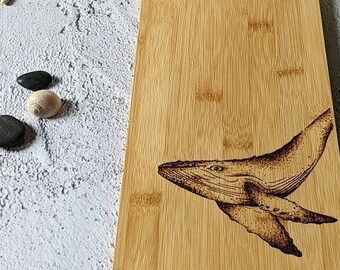 Humpback Whale | Wood Bamboo Platter Chopping Board Personalised | Wood Burnt Artwork | Various Board Shape | Kitchen Decor Name Gift