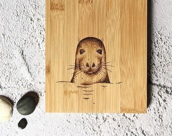 Seal | Wood Bamboo Platter Chopping Board Personalised | Wood Burnt Artwork | Various Board Shape | Kitchen Decor Name Gift