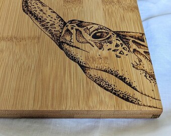 Turtle | Wood Bamboo Platter Chopping Board Personalised | Wood Burnt Artwork | Various Board Shape | Kitchen Decor Name Gift