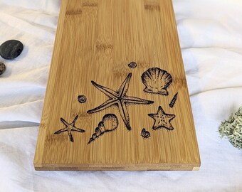 Shells | Wood Bamboo Platter Chopping Board Personalised | Wood Burnt Artwork | Various Board Shape | Kitchen Decor Name Gift