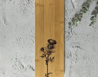 Thistle Plant Flower Bamboo Board | Wood Platter Serving Chopping Board Personalised | Wood Burnt Artwork | Kitchen Decor Gift