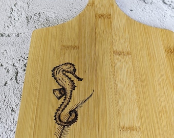 Seahorse | Wood Bamboo Platter Chopping Board Personalised | Wood Burnt Artwork | Various Board Shape | Kitchen Decor Name Gift