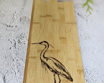 Heron | Wood Bamboo Platter Chopping Board Personalised | Wood Burnt Artwork | Various Board Shape | Kitchen Decor Name Gift