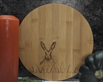 Hare Rabbit | Wood Bamboo Platter Chopping Board Personalised Custom | Wood Burnt Artwork | Various Board Shapes | Kitchen Decor Name Gift