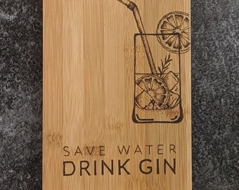 Gin Drink | Wood Bamboo Platter Chopping Board | Custom | Wood Burnt Artwork | Various Board Shapes | Kitchen Decor Name Gift