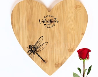 Valentine Bamboo Wood Heart Board - Dragonfly | Wood Burnt Artwork | Kitchen Decor Name Gift