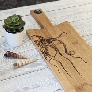 Octopus | Wood Bamboo Platter Chopping Board Personalised Custom | Wood Burnt Artwork | Various Board Shapes | Kitchen Decor Name Gift