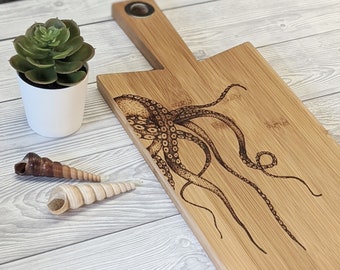 Octopus | Wood Bamboo Platter Chopping Board Personalised Custom | Wood Burnt Artwork | Various Board Shapes | Kitchen Decor Name Gift