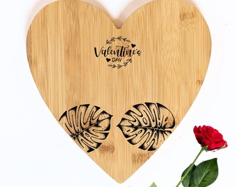 Valentine Bamboo Wood Heart Board - Monstera Leaves | Wood Burnt Artwork | Kitchen Decor Name Gift