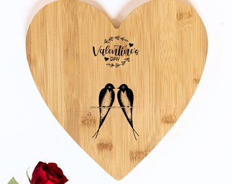 Valentine Bamboo Wood Heart Board - Swallows Birds | Wood Burnt Artwork | Kitchen Decor Name Gift