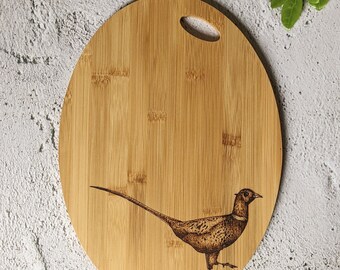Pheasant | Wood Bamboo Platter Chopping Board Personalised | Wood Burnt Artwork | Various Board Shape | Kitchen Decor Name Gift