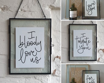 Love print, gift, quirky, monoline calligraphy original design, in frame