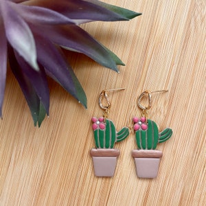 Motivational-Holic Polymer Clay Earrings | Cactus Flower Pot Desert Dangles Earrings