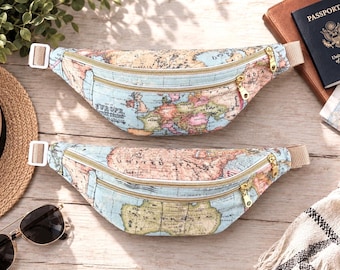Riñonera con mapa del mundo, bolso de viaje vintage hecho a mano, bolso cruzado ajustable, regalo para viajeros, artículos esenciales para el día a día.
