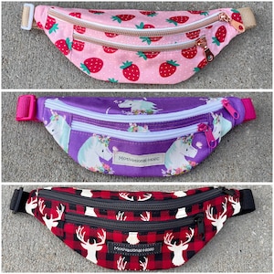 Motivational-Holic Kids Fanny Pack Waist Bag Belt Bag strawberries, Unicorn, plaid deer red black
