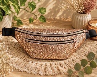 Rose Gold Glitter Fanny Pack for Women, Belt Bag, Handmade Sparkly Waist Bag, Festival Hip Bag, Travel Fanny Pack, Gift for Her