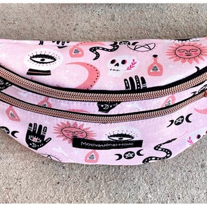 Motivational-Holic Fanny Pack Waist Bag Belt Bag with two zipper black magic Halloween Skull Tarotcard Snake Moon Celestial Witch Crystal