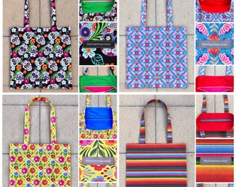 Dia De Los Muertos Baumwolltasche, mexikanische Blumenstreifen mit Reißverschlusstasche
