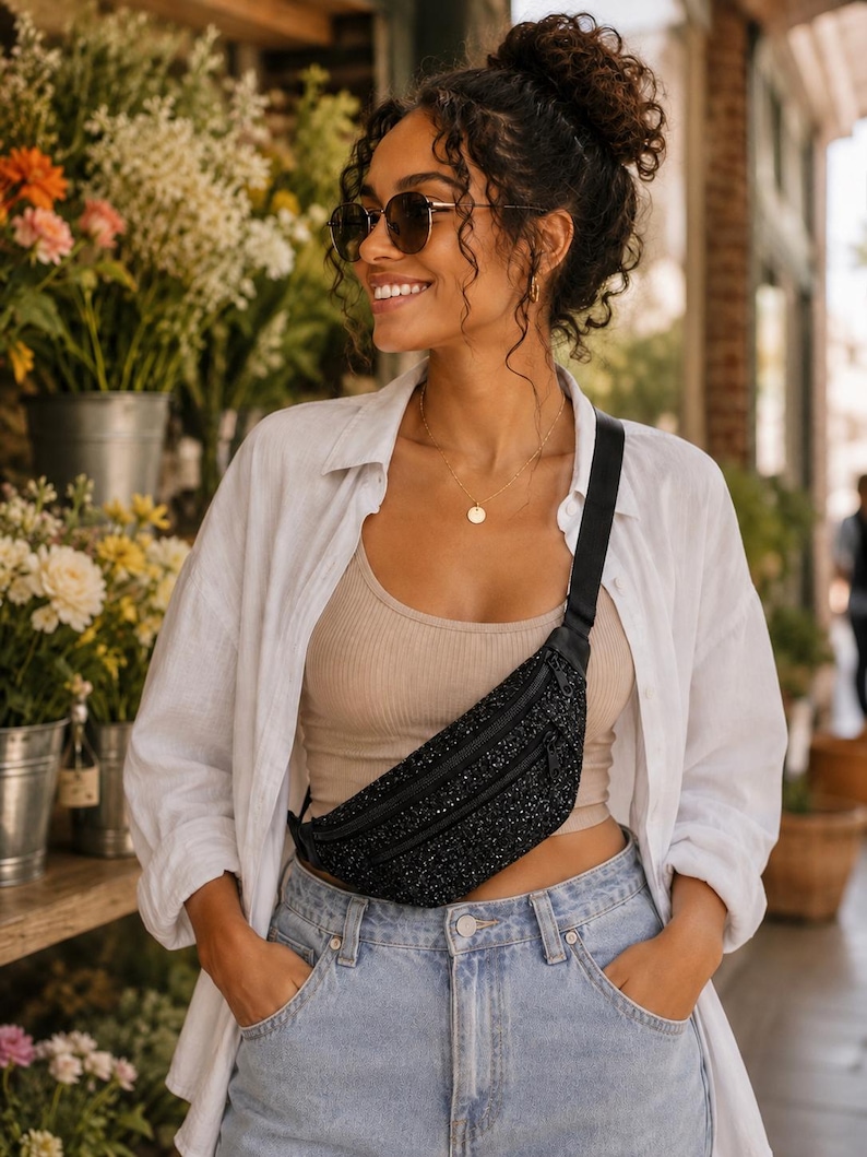 May include: A black fanny pack with a textured, glittery surface and two zippered compartments. The bag features a black adjustable strap worn across the chest, providing a secure and functional way to carry small personal items while on the go.