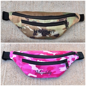 Motivational-Holic personalized Kids Fanny Pack Waist Bag Belt Bag with name embroidery Camouflage green and pink
