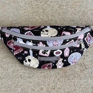 Motivational-Holic Fanny Pack Waist Bag Belt Bag two zipper black magic Halloween Skull Tarotcard Snake Moon Celestial Good Witch Crysta