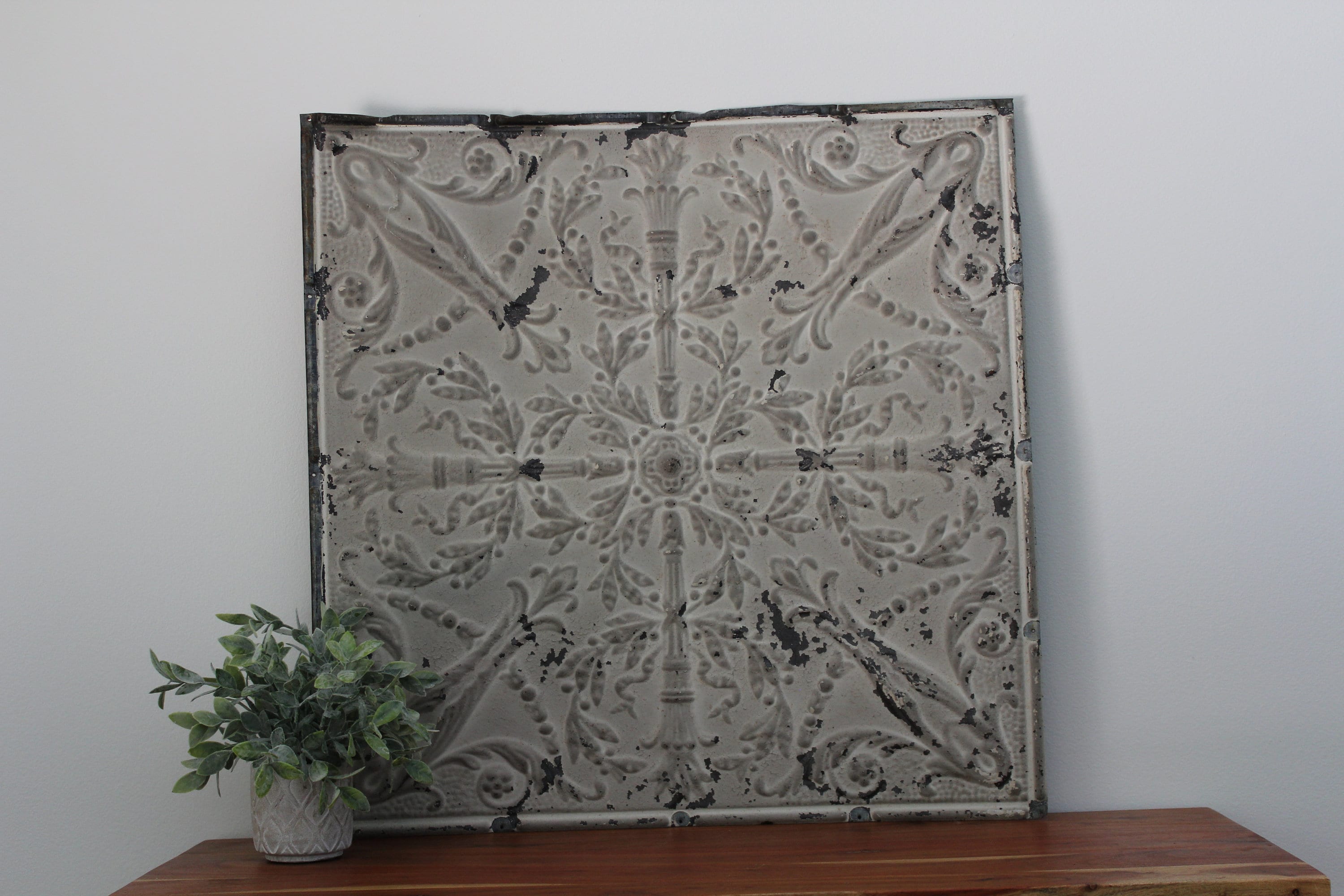 Antique Embossed Tin Ceiling Tile Torch Floral Design Rustic Farm House Kitchen Decor