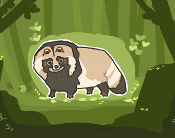 May include: A cartoon illustration of a tanuki, a Japanese raccoon dog, standing in a green forest. The tanuki is wearing a white and brown fur coat and has a big smile. The text "Tanuki Sticker" is in the lower left corner of the image. The text "By Figs'n'Fluttadens" is in the lower right corner of the image.