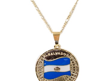 El Salvador Flag 18K Gold Plated Pendant with 22 Chain - El Salvador Flag Necklace