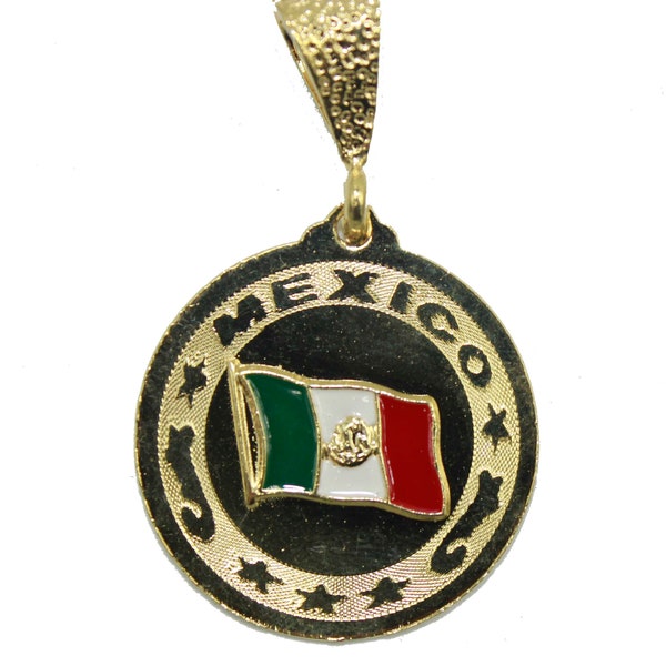 Mexico Flag 18K Gold Plated Pendant with 22 Chain - Mexico Flag Necklace