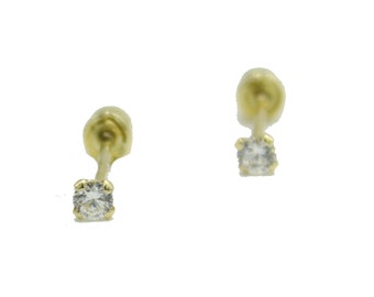 2mm Clear CZ 14k Solid Yellow Gold Bezel Stud - CZ 2mm Screw Back Baby Earring