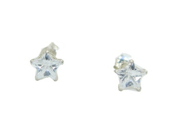 Star with Cubic Zirconia 6mm Sterling Silver Earrings - Star CZ 6mm Studs