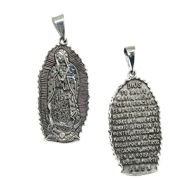 Virgen de Guadalupe with Prayer .925 Sterling Silver Pendant - Our Lady of Guadalupe Medal
